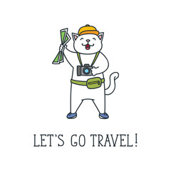 Let's go travel! Doodle vector illustration of funny tourist cat isolated on white background