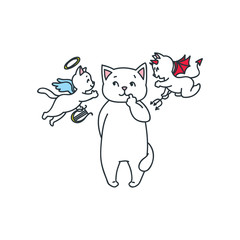 Doodle vector illustration of cute white cat listening to an angel cat and a devil cat