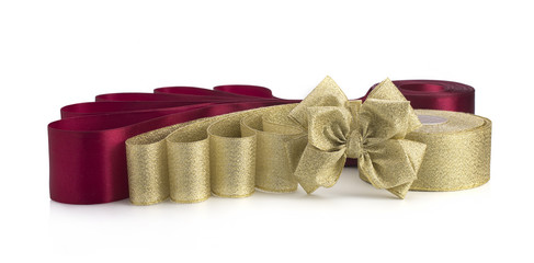 Maroon and gold satin ribbons on a white background