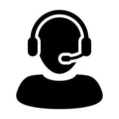 Customer Care Service and Support Icon - Flat Vector Person Avatar With Headphone for Helpline in Glyph Pictogram Symbol illustration - obrazy, fototapety, plakaty