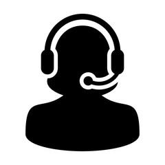 Woman Customer Care Service and Support Icon - Flat Vector Person Avatar With Headphone for Helpline in Glyph Pictogram Symbol illustration