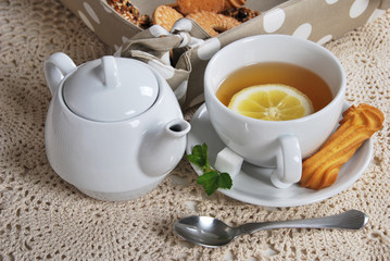 Delicious light breakfast  with light tea with cookies