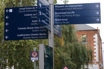 Pedestrian signpost in Dublin showing both English and Gaelic names