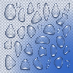 Set of realistic transparent water drops of different shapes.