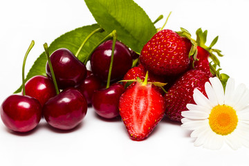 Background from fresh ripe strawberries and cherry