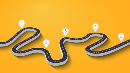3D Winding Road on a Colorful Background. Road way location infographic template with pin pointers. Vector EPS 10