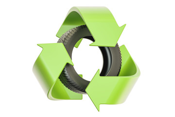 Car tire with recycle symbol, 3D rendering © alexlmx