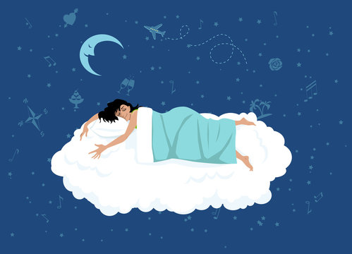 Happy Woman Sleeping On A Cloud, Night Sky With Dreamy Symbols On The Background, EPS 8 Vector Illustration, No Transparencies