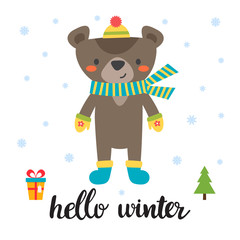 Cute card with little bear. Hello winter. Christmas design for the poster