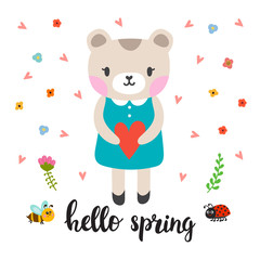 Cute little bear with heart. Hello spring. Funny greeting card with spring elements