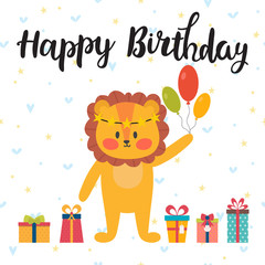 Obraz premium Happy Birthday greeting card. Cute postcard with funny little lion