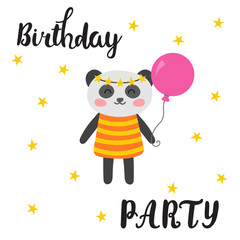 Happy Birthday greeting card. Cute postcard with funny little panda. Cartoon animals