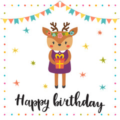 Happy Birthday. Cute greeting card with funny little deer
