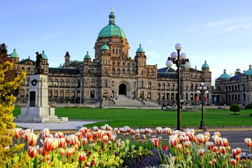 Naklejka premium Historic British Columbia provincial parliament building with spring tulips, Victoria, BC, Canada