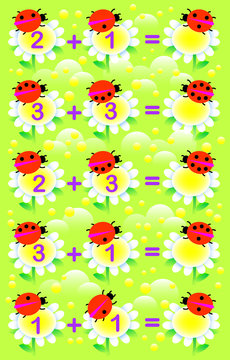 Educational page with exercises for children on addition. Solve examples. Write the numbers on relevant flowers. Developing skills for counting. Vector image.