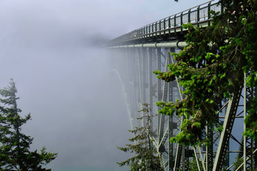 Deception Pass Bridge in fog. Arch bridge. Deception Pass State Park. Puget Sound. Juan de Fuca Strait. Whidbey Island. Seattle. Washington. United States.