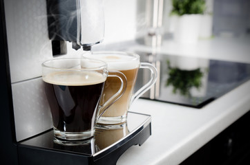 Two cups of coffee, home professional coffee machine