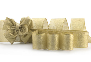 Gold satin ribbon on white background
