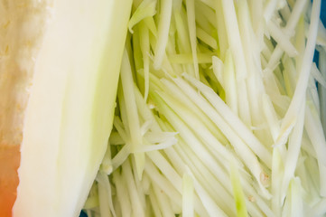 preparation of papaya lines for cooking and ready to make papaya salad.