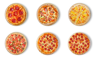 Sechs verschiedene Pizza-Sets für das Menü. Traditionelle italienische Küche. Fleischpizza mit Mozzarella, Salami, Würstchen, Peperoni und Schinken. Die dritte Nummer-Pizza vier Käse.