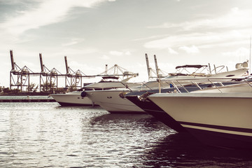 Naklejka premium Luxury yachts in the bay near ocean port of Miami Beach