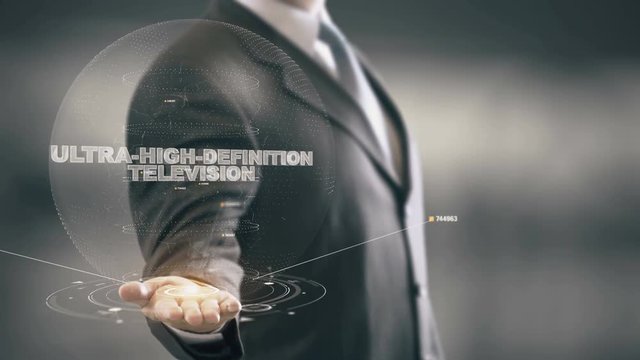 Ultra-High-Definition Television with hologram businessman concept
