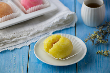 Chinese - Thai dessert Made from flour to Baking heat Mashed golden beans stuffed with salted egg yolk,Chinese festival , Traditional delicious cake in asia.