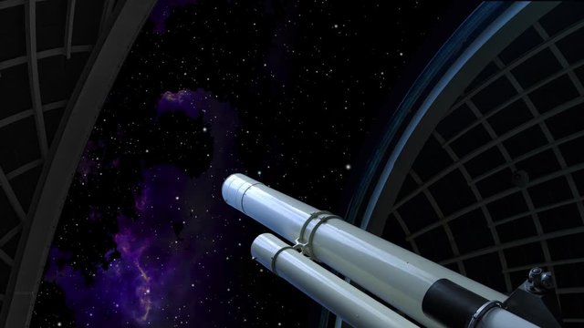 Large telescope looks out of Griffith observatory at a starry night sky