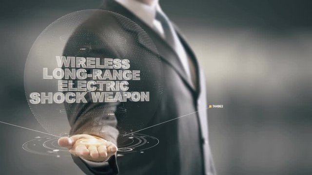 Wireless Long-Range Electric Shock Weapon with hologram businessman concept