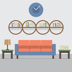 Sofa With Modern Bookcase Vector Illustration