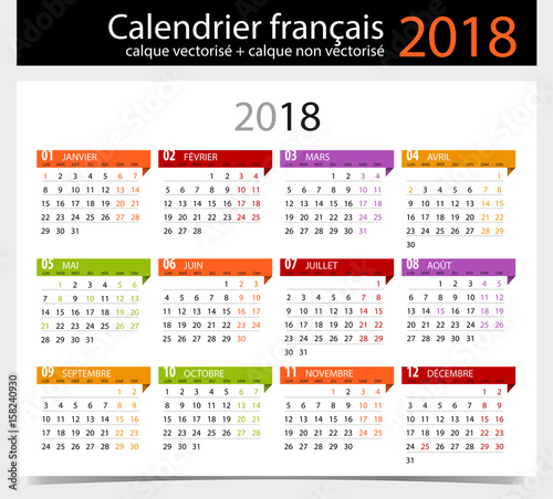 "Calendrier 2018 français avec jours fériés / Modifiable 