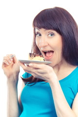 Vintage photo, Happy delighted woman eating fresh cheesecake