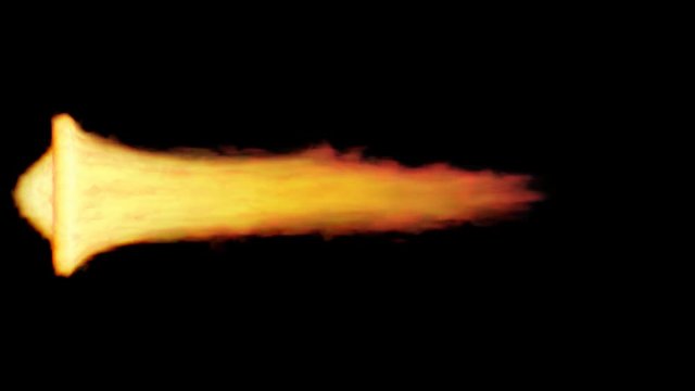 Animated rocket or jet engine flame against black background. Side camera view. Long and thin stream. Mask included.