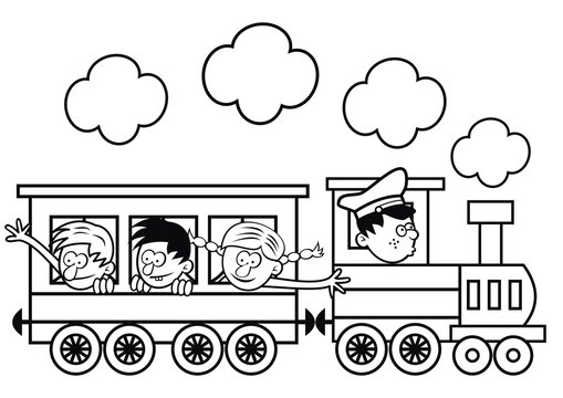Children in the train. Funny illustration. Vector icon. Coloring book.