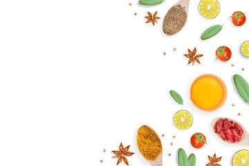 Creative design of  spices, herb and ingredient on white background.

