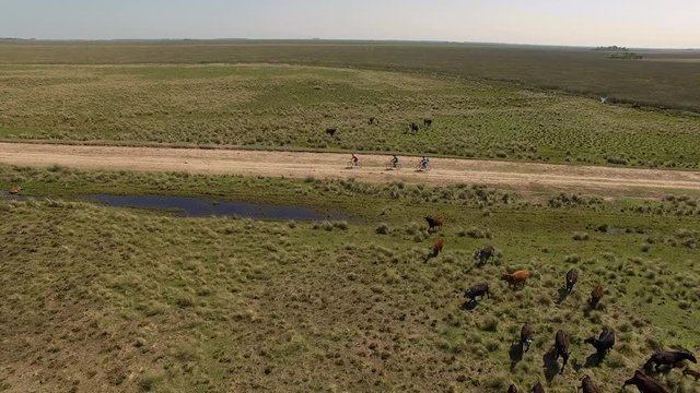 Cyclists traveling on dirt road, Ibera Wetlands, Corrientes Province, Argentina