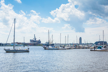 Fototapeta na wymiar View of boats docked in Canton, Baltimore, Maryland.