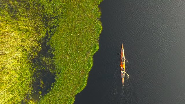 Bird's eye view of tourists canoeing in the Ibera Wetlands, Corrientes Province, Argentina