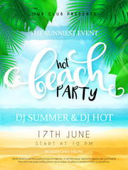 vector illustration of beach party poster with hand lettering text and tropical leaves - palm, mostera on sea beach background