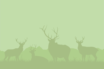 A herd of deer on a green background.