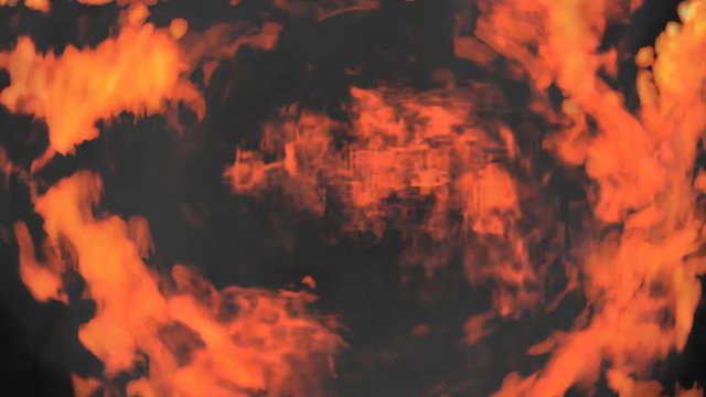 Animated three fire stream collide with each other and spinning against black background 2 in 4k. Top angle shot. Mask included.