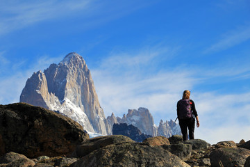 Woman hiking in the mountains, Mount Fitz Roy, El Chalten, Patagonia, Argentina