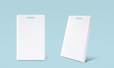 Blank white key card for mock up, Isolated on blue background, Front and side view perspective
