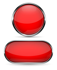 Red glass buttons with metal frame. Round and oval web icons