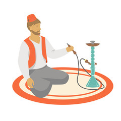 A man in a traditional Turkish suit and fez sits in Turkish and smokes a hookah flat style vector illustration.
