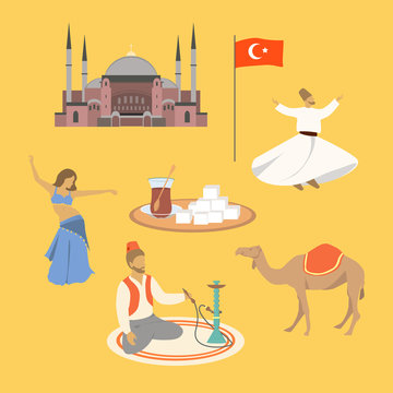 Cartoon Turkey symbols and objects set vector illustration: Saint Sophie Cathedral, belly dancer, turkish tea, turkish delight, camel, dancing dervish, man smokes a hookah while sitting in turkish.
