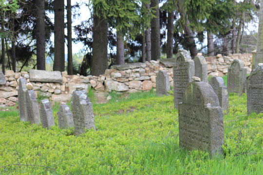 Gravestones on Jewish graveyard in Olšany near Jindřichuv Hradec, Czech republic