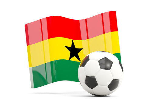 Football with waving flag of ghana isolated on white
