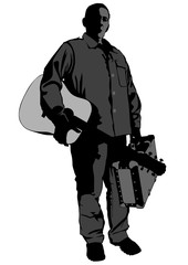 Man with acoustic guitar and suitcase in his hands on white background