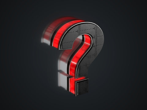 Futuristic question mark symbol black metallic extruded sign with red light outline glowing in the dark